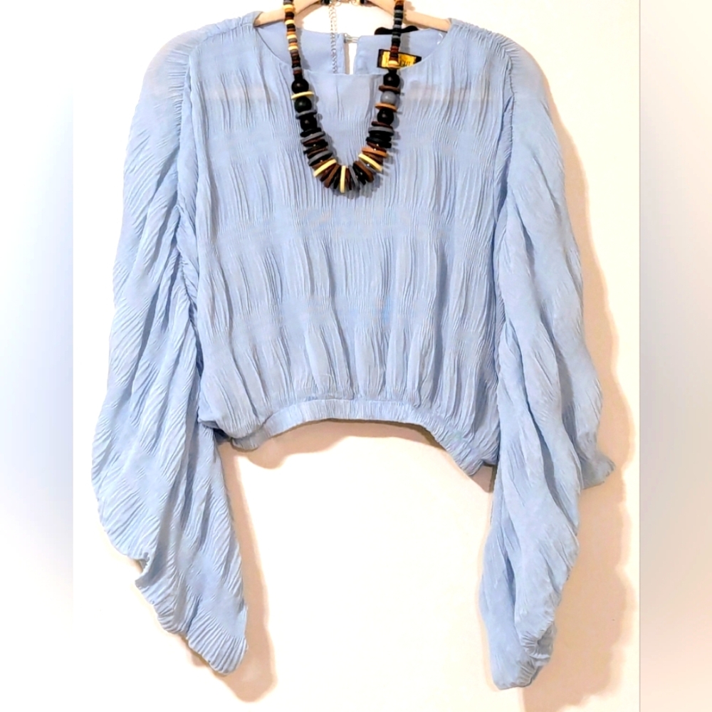 Blue Cropped Ruched Bishop Sleeve Top